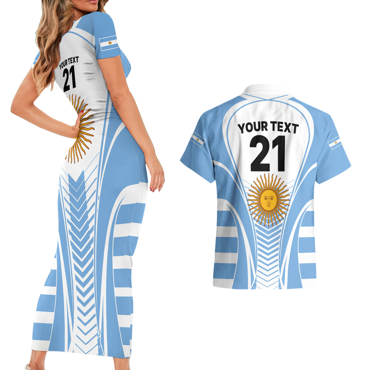 Custom Argentina Rugby Couples Matching Short Sleeve Bodycon Dress and Hawaiian Shirt World Cup 2023 Los Pumas Go Champion LT9 - Wonder Print Shop