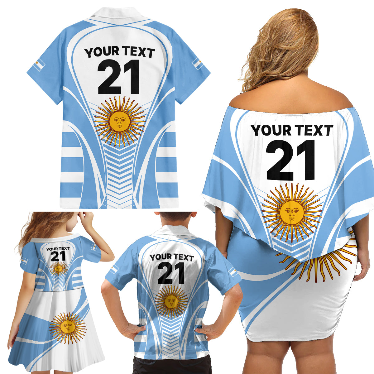 Custom Argentina Rugby Family Matching Off Shoulder Short Dress and Hawaiian Shirt World Cup 2023 Los Pumas Go Champion LT9 - Wonder Print Shop
