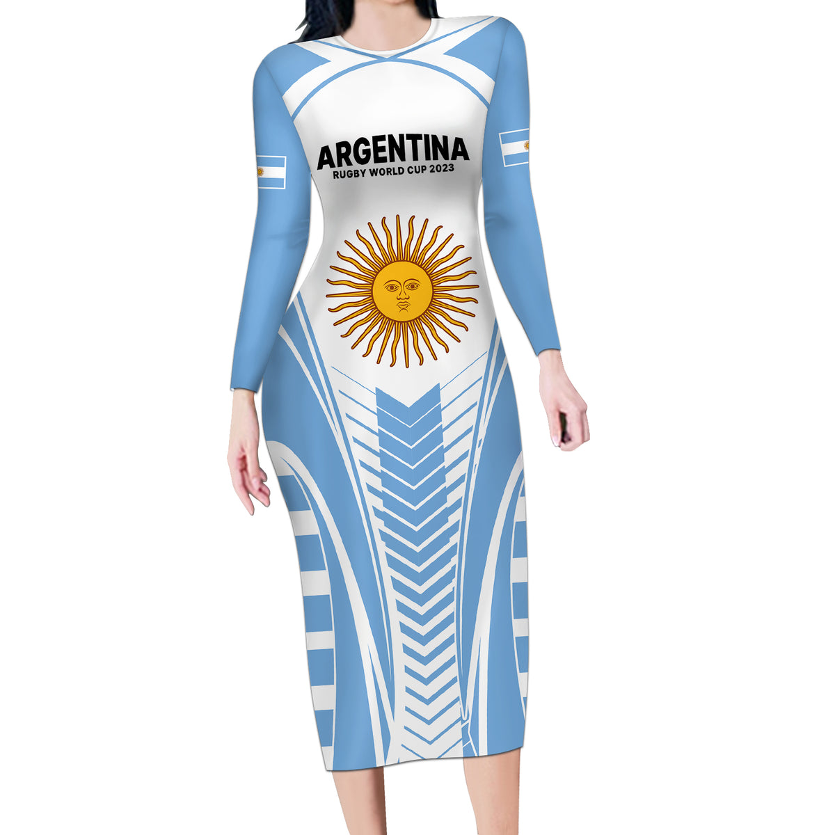 Custom Argentina Rugby Long Sleeve Bodycon Dress World Cup 2023 Los Pumas Go Champion - Wonder Print Shop