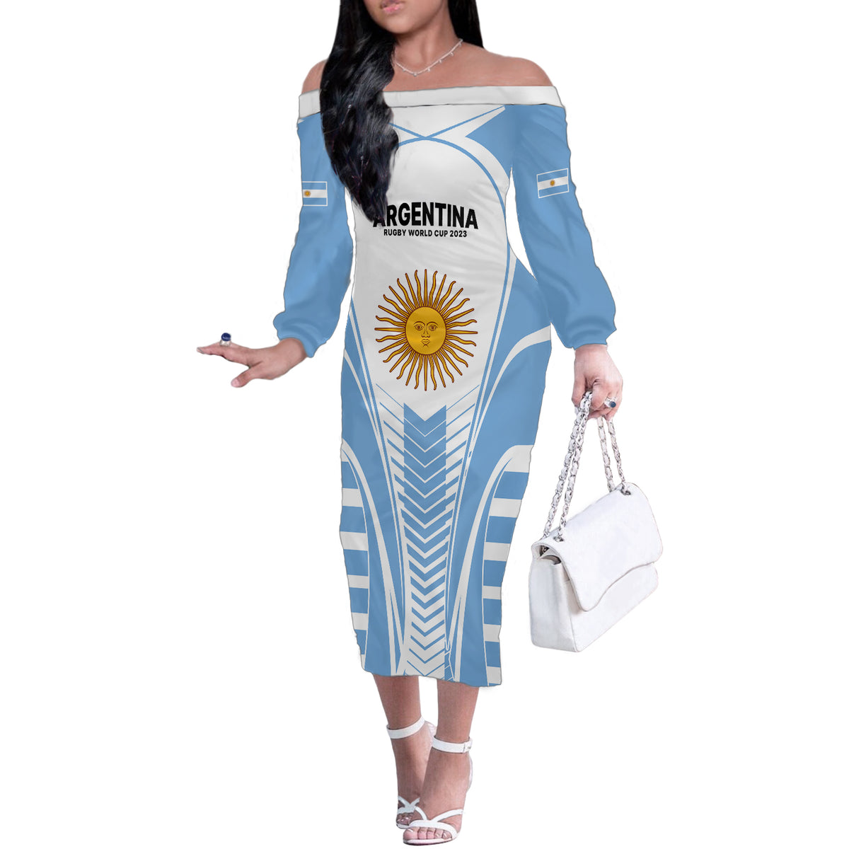 Custom Argentina Rugby Off The Shoulder Long Sleeve Dress World Cup 2023 Los Pumas Go Champion - Wonder Print Shop