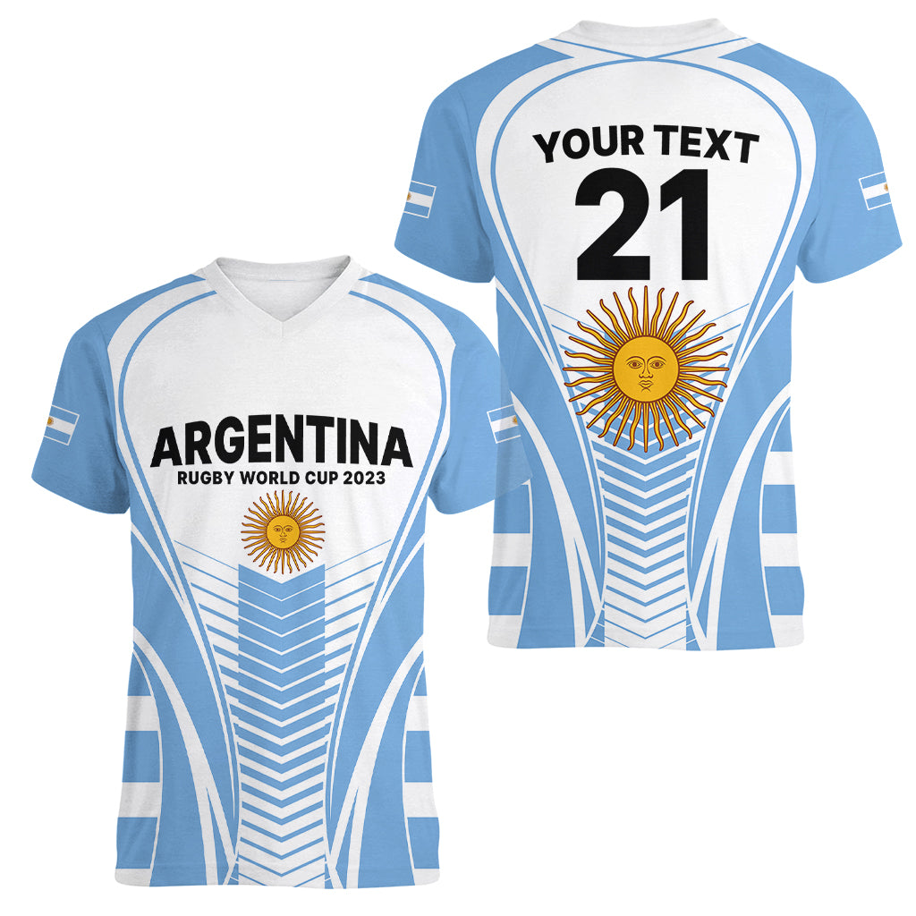 Custom Argentina Rugby Women V Neck T Shirt World Cup 2023 Los Pumas Go Champion - Wonder Print Shop