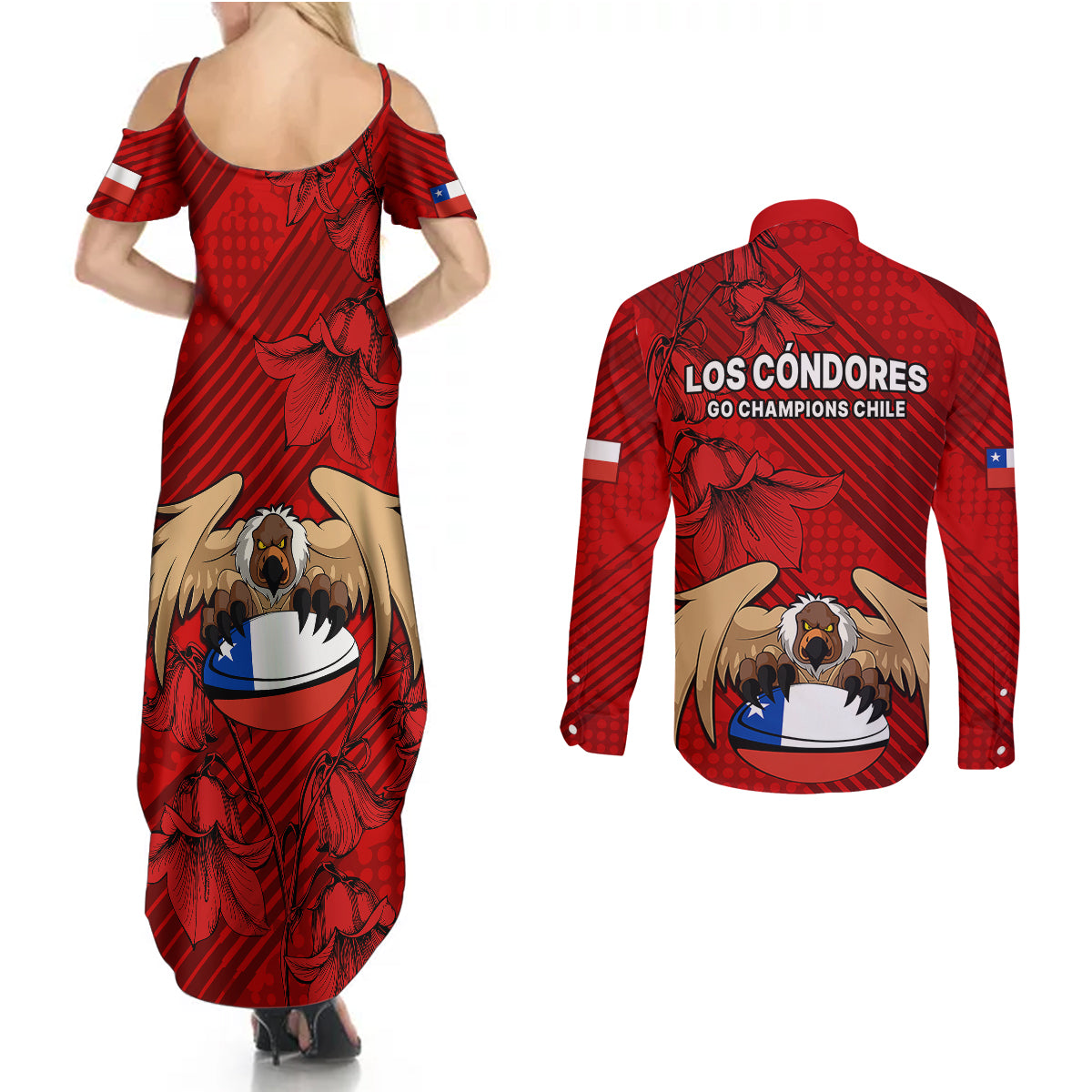 Chile Rugby Couples Matching Summer Maxi Dress and Long Sleeve Button Shirts Los Condores Mascot with Bellflower World Cup 2023 LT9 - Wonder Print Shop