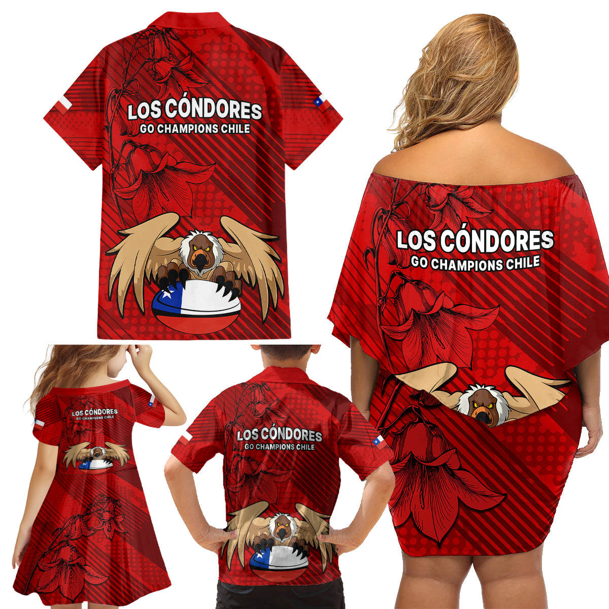 Chile Rugby Family Matching Off Shoulder Short Dress and Hawaiian Shirt Los Condores Mascot with Bellflower World Cup 2023 LT9 - Wonder Print Shop