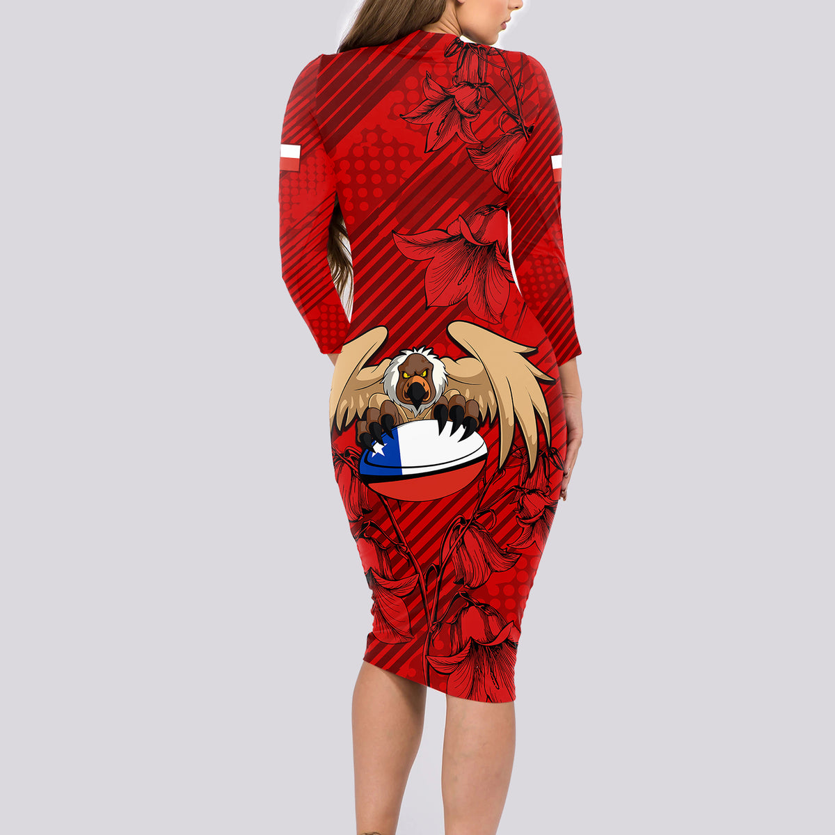 Chile Rugby Long Sleeve Bodycon Dress Los Condores Mascot with Bellflower World Cup 2023 - Wonder Print Shop