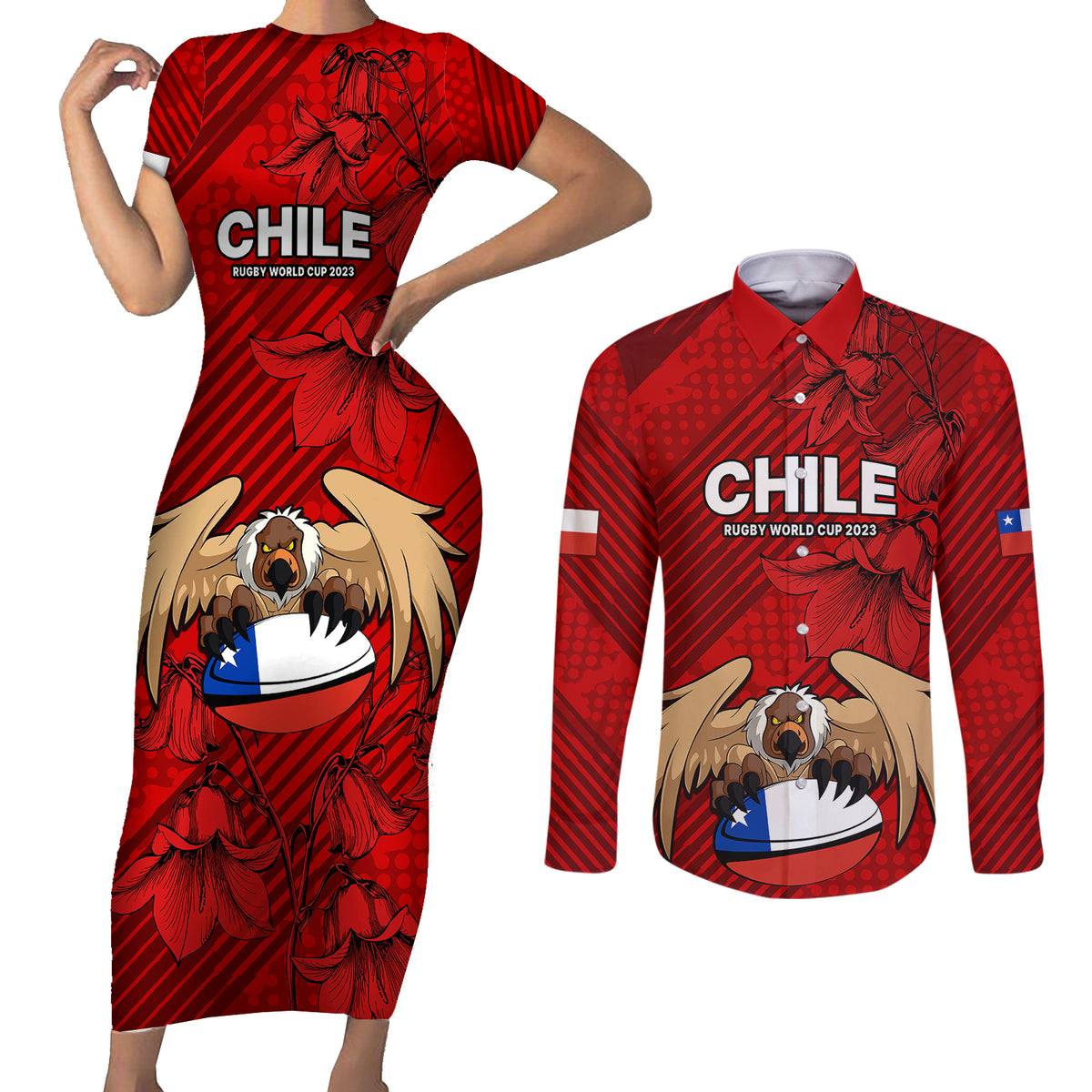 Custom Chile Rugby Couples Matching Short Sleeve Bodycon Dress and Long Sleeve Button Shirts Los Condores Mascot with Bellflower World Cup 2023 LT9 - Wonder Print Shop