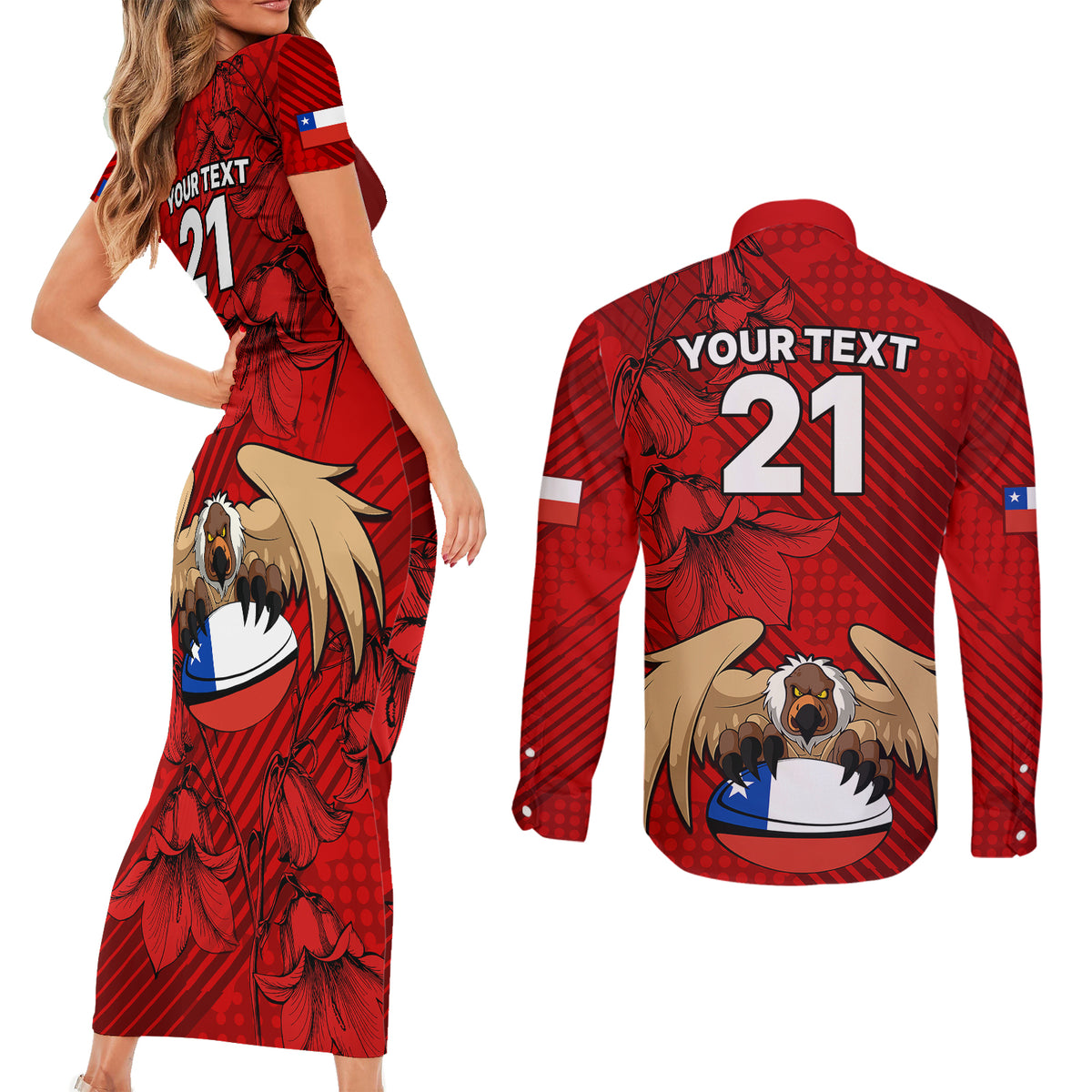 Custom Chile Rugby Couples Matching Short Sleeve Bodycon Dress and Long Sleeve Button Shirts Los Condores Mascot with Bellflower World Cup 2023 LT9 - Wonder Print Shop