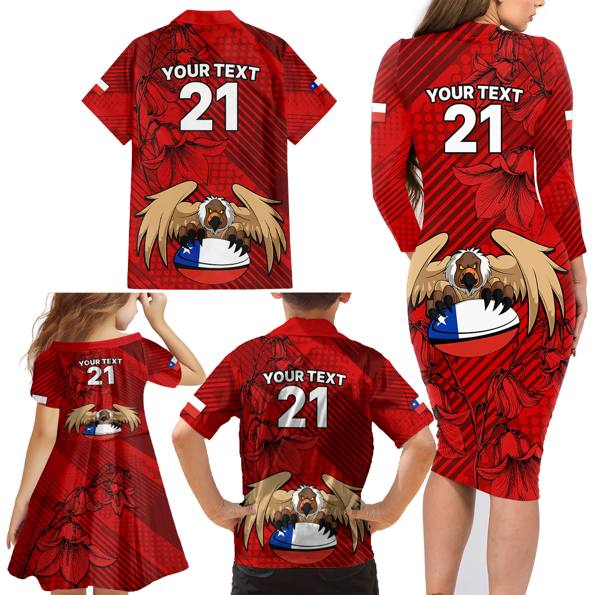 Custom Chile Rugby Family Matching Long Sleeve Bodycon Dress and Hawaiian Shirt Los Condores Mascot with Bellflower World Cup 2023 LT9 - Wonder Print Shop