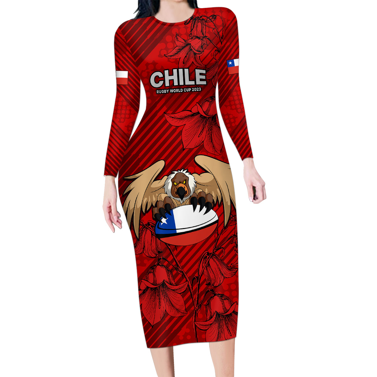 Custom Chile Rugby Family Matching Long Sleeve Bodycon Dress and Hawaiian Shirt Los Condores Mascot with Bellflower World Cup 2023 LT9 - Wonder Print Shop