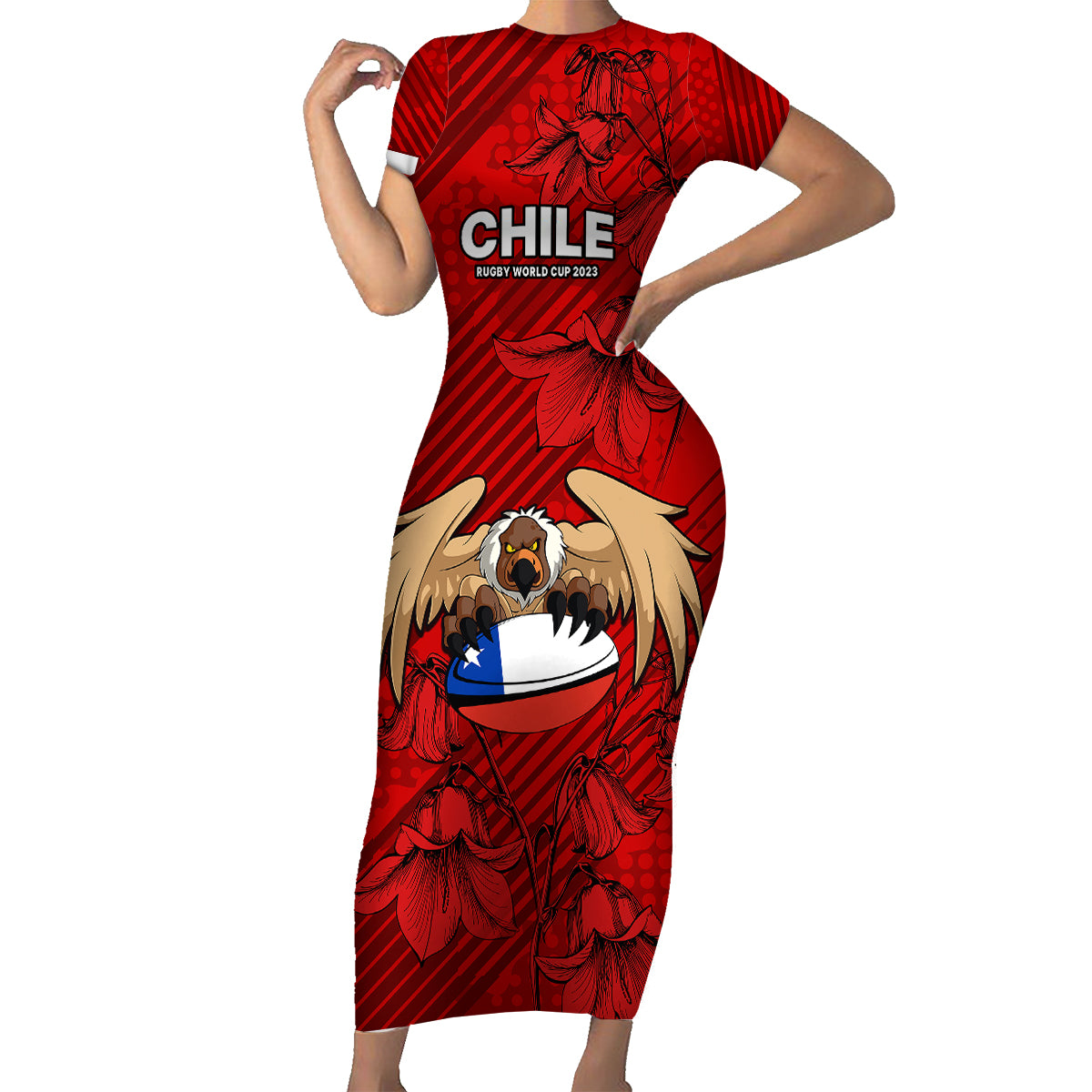 Custom Chile Rugby Family Matching Short Sleeve Bodycon Dress and Hawaiian Shirt Los Condores Mascot with Bellflower World Cup 2023 - Wonder Print Shop