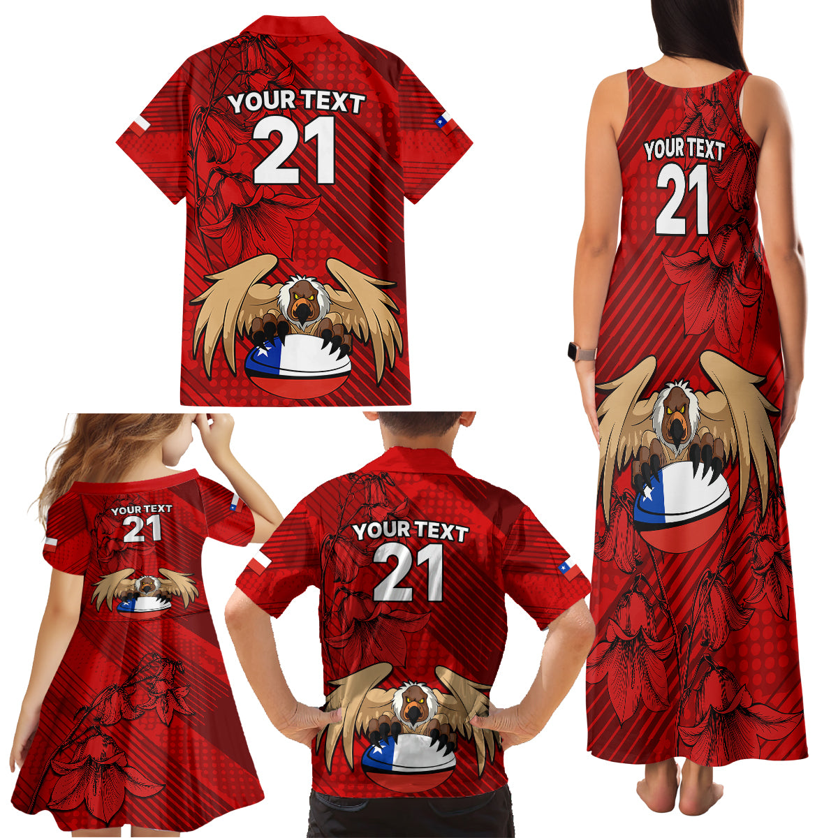 Custom Chile Rugby Family Matching Tank Maxi Dress and Hawaiian Shirt Los Condores Mascot with Bellflower World Cup 2023 - Wonder Print Shop