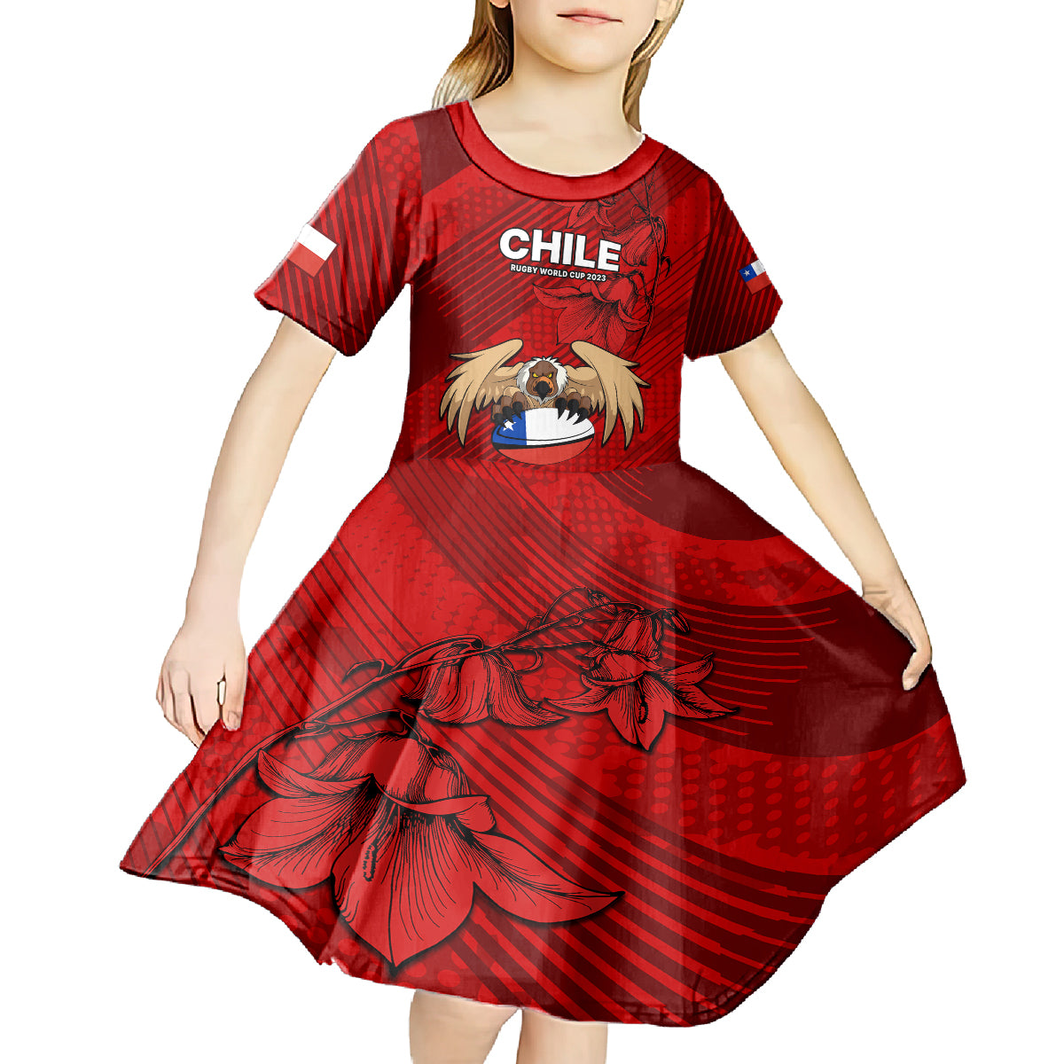 Custom Chile Rugby Kid Short Sleeve Dress Los Condores Mascot with Bellflower World Cup 2023 - Wonder Print Shop