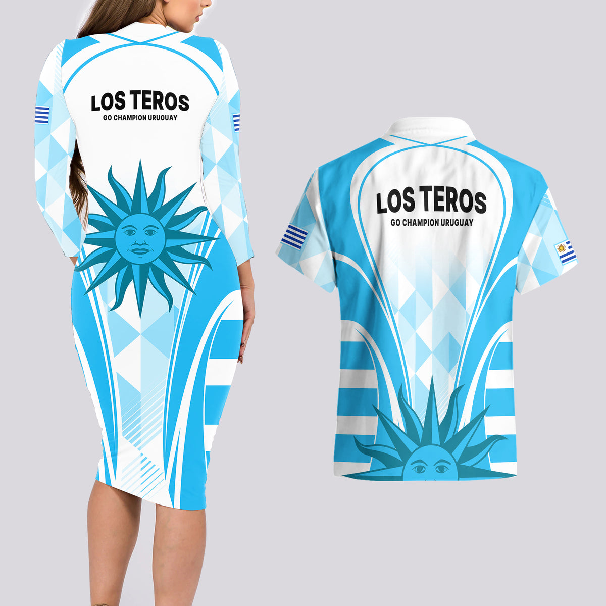 Uruguay Rugby Couples Matching Long Sleeve Bodycon Dress and Hawaiian Shirt World Cup 2023 Go Los Teros LT9 - Wonder Print Shop