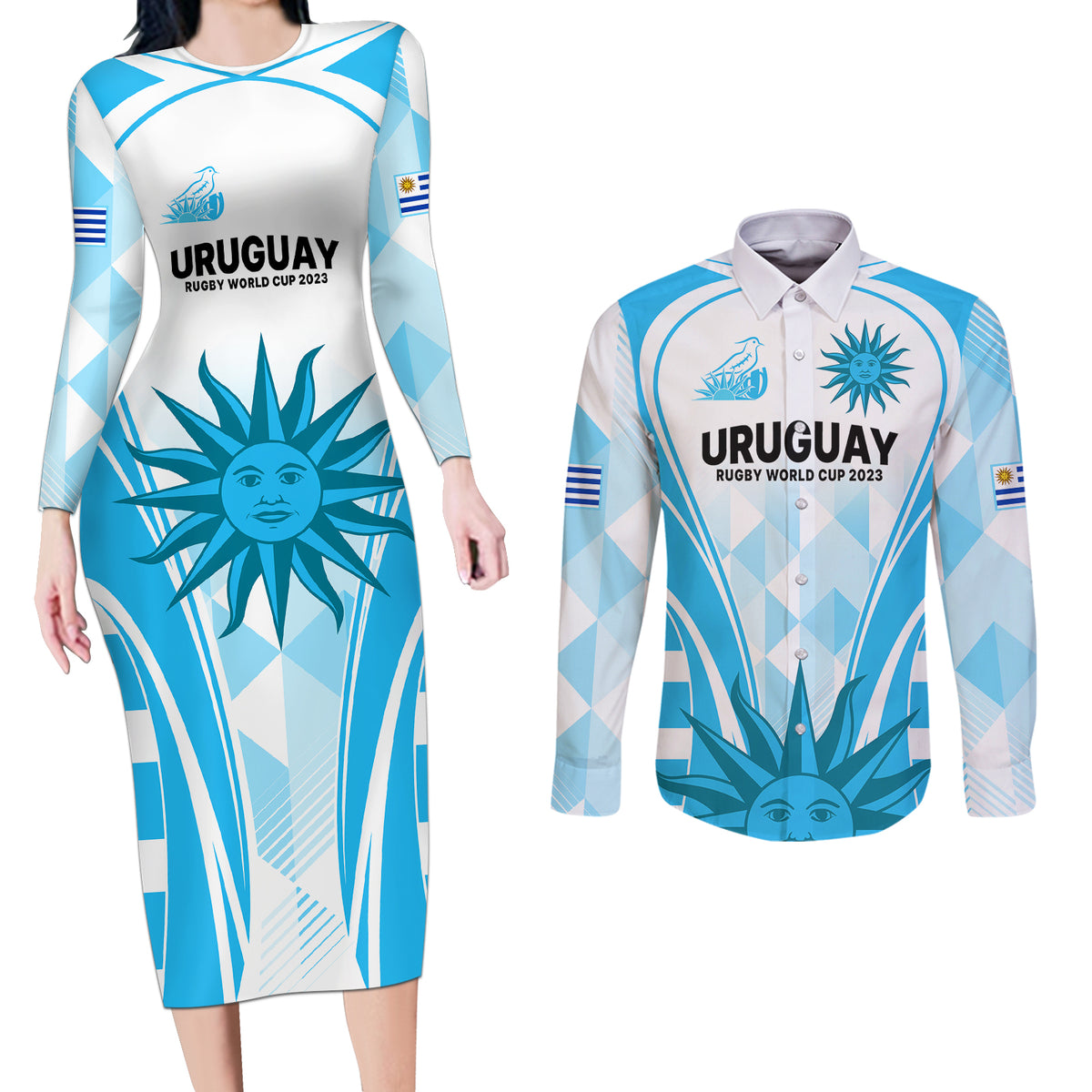 Uruguay Rugby Couples Matching Long Sleeve Bodycon Dress and Long Sleeve Button Shirts World Cup 2023 Go Los Teros LT9 - Wonder Print Shop