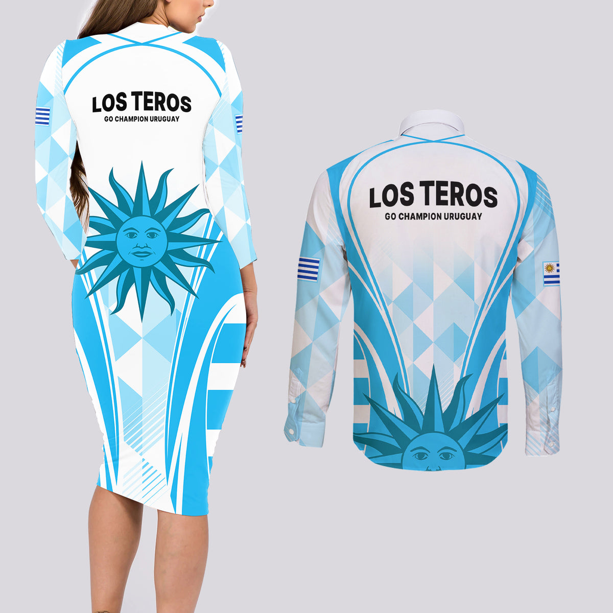 Uruguay Rugby Couples Matching Long Sleeve Bodycon Dress and Long Sleeve Button Shirts World Cup 2023 Go Los Teros LT9 - Wonder Print Shop