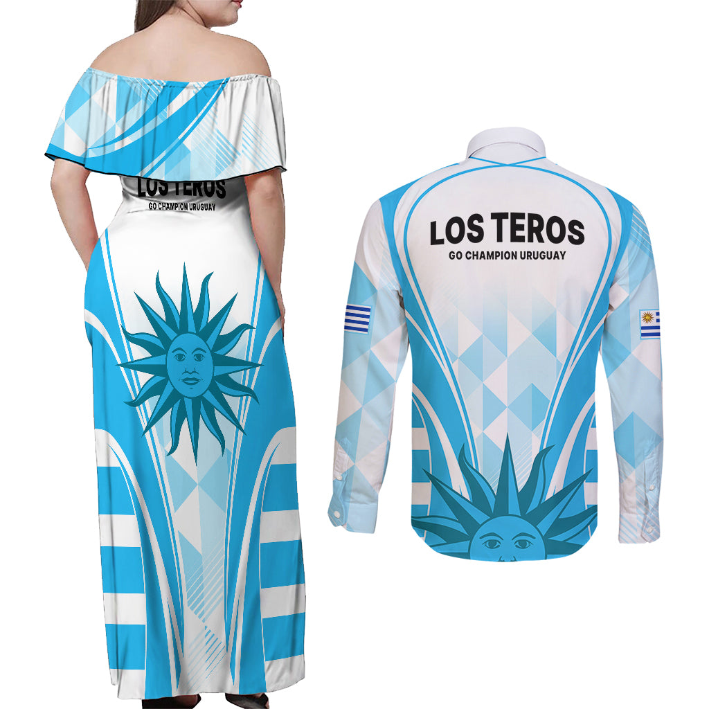 Uruguay Rugby Couples Matching Off Shoulder Maxi Dress and Long Sleeve Button Shirts World Cup 2023 Go Los Teros LT9 - Wonder Print Shop
