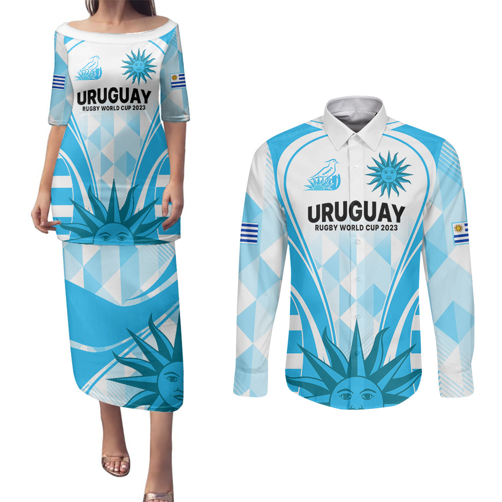 Uruguay Rugby Couples Matching Puletasi Dress and Long Sleeve Button Shirts World Cup 2023 Go Los Teros LT9 - Wonder Print Shop