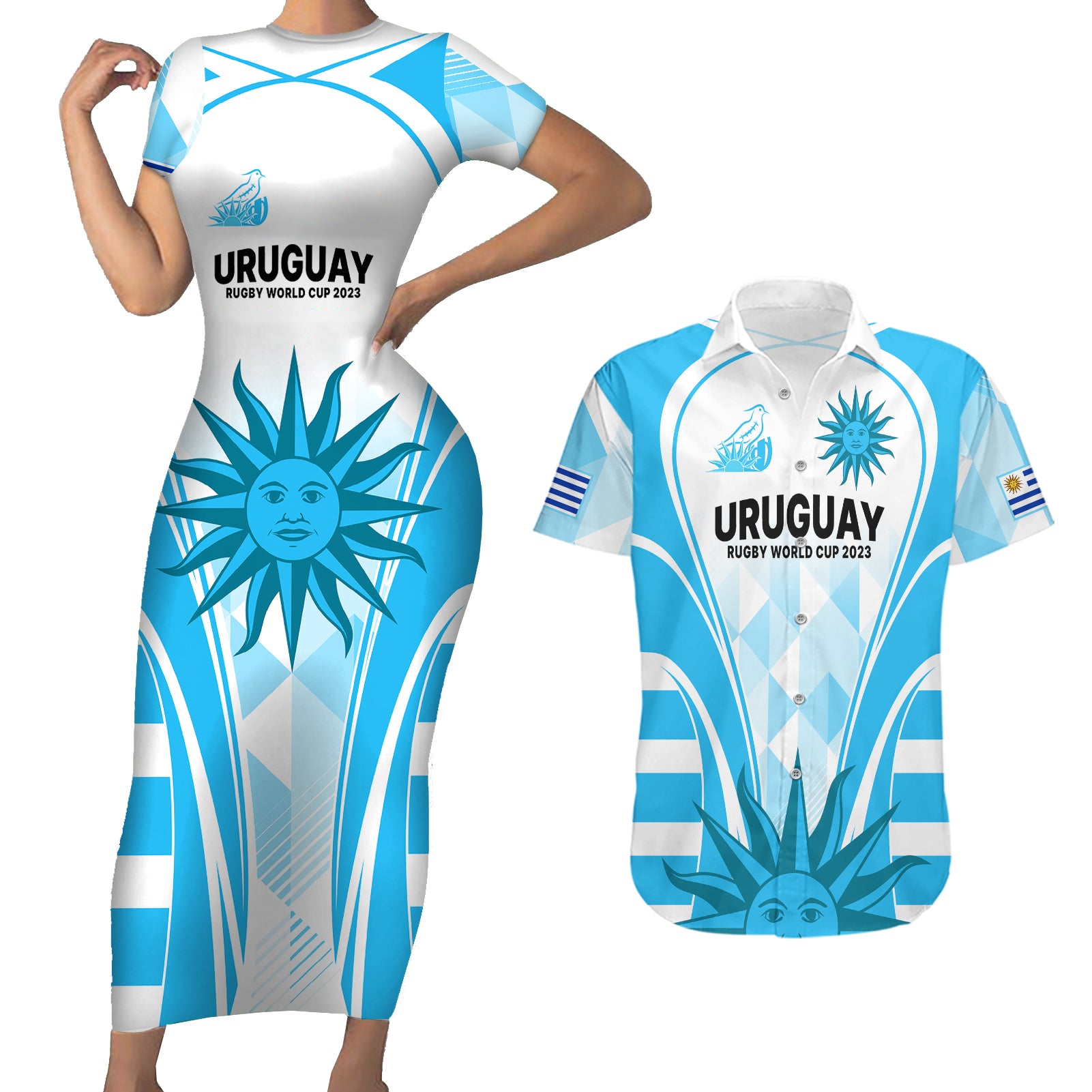 Uruguay Rugby Couples Matching Short Sleeve Bodycon Dress and Hawaiian Shirt World Cup 2023 Go Los Teros LT9 - Wonder Print Shop