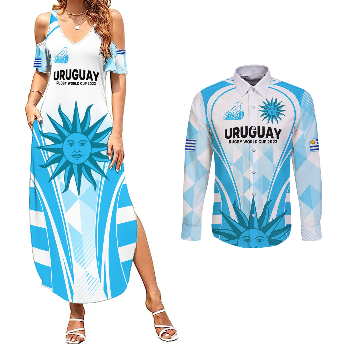 Uruguay Rugby Couples Matching Summer Maxi Dress and Long Sleeve Button Shirts World Cup 2023 Go Los Teros LT9 - Wonder Print Shop