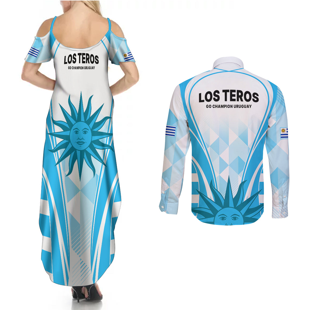 Uruguay Rugby Couples Matching Summer Maxi Dress and Long Sleeve Button Shirts World Cup 2023 Go Los Teros LT9 - Wonder Print Shop