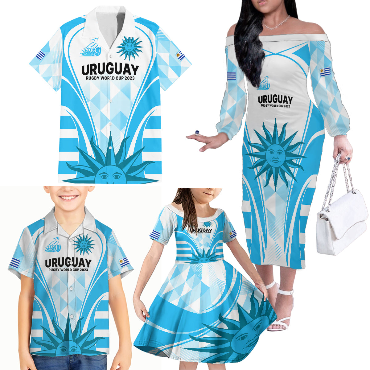 Uruguay Rugby Family Matching Off Shoulder Long Sleeve Dress and Hawaiian Shirt World Cup 2023 Go Los Teros - Wonder Print Shop