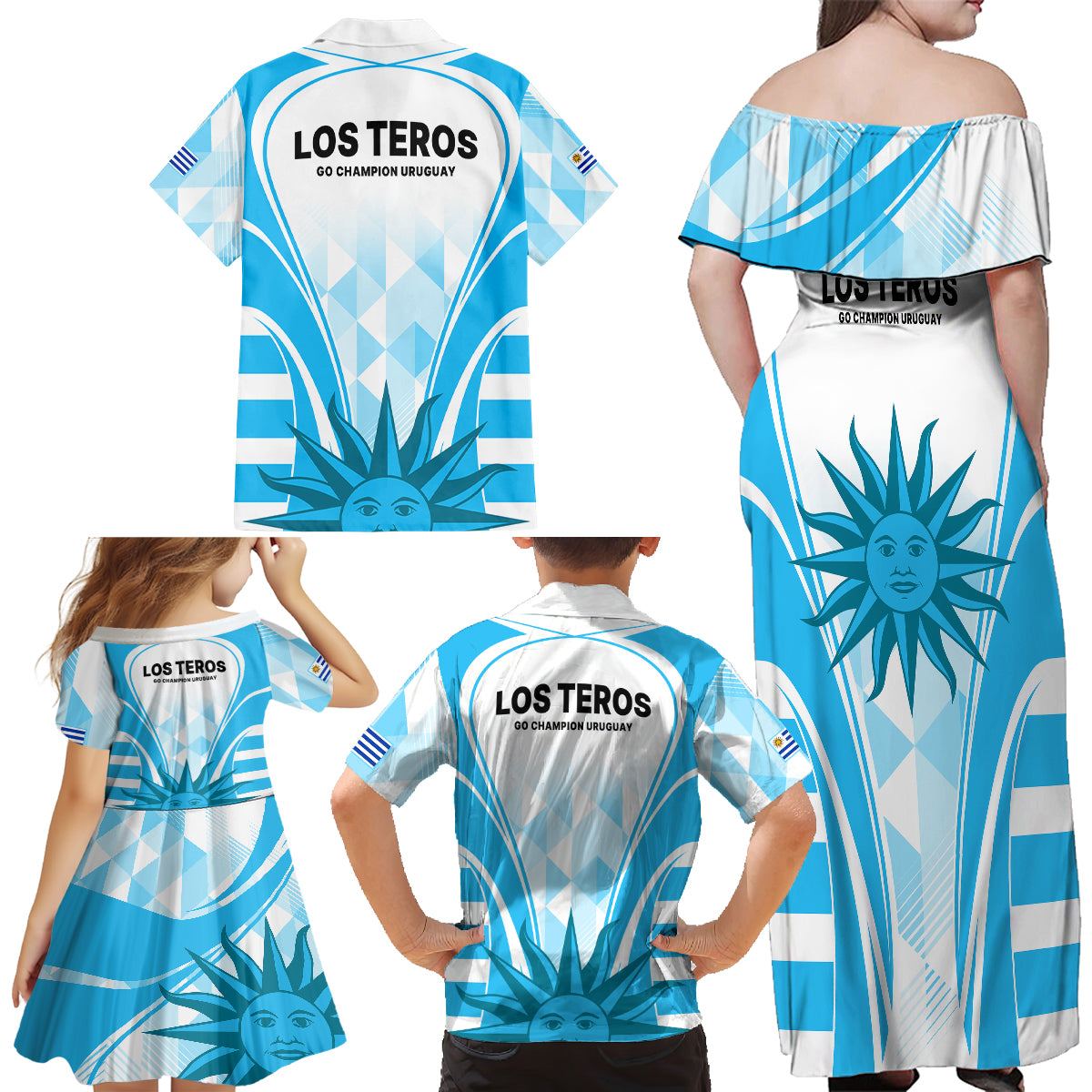 Uruguay Rugby Family Matching Off Shoulder Long Sleeve Dress and Hawaiian Shirt World Cup 2023 Go Los Teros - Wonder Print Shop