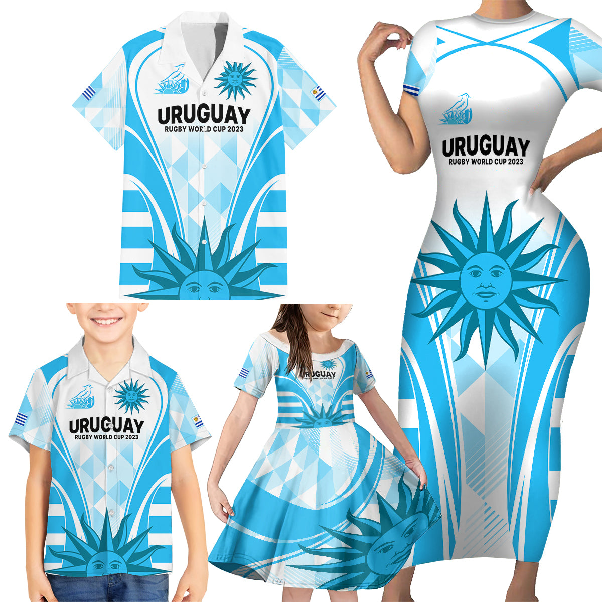 Uruguay Rugby Family Matching Short Sleeve Bodycon Dress and Hawaiian Shirt World Cup 2023 Go Los Teros - Wonder Print Shop