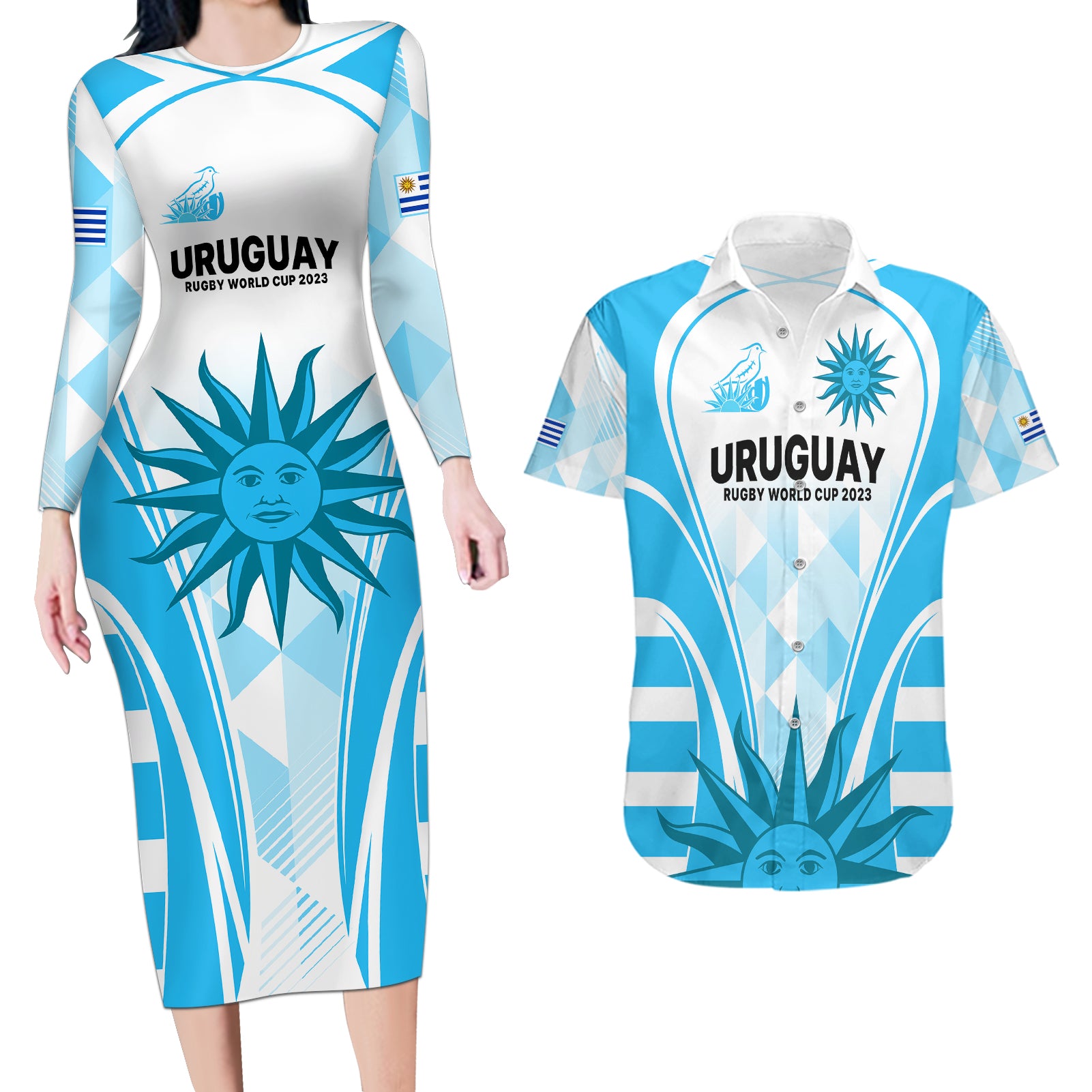 Custom Uruguay Rugby Couples Matching Long Sleeve Bodycon Dress and Hawaiian Shirt World Cup 2023 Go Los Teros LT9 - Wonder Print Shop