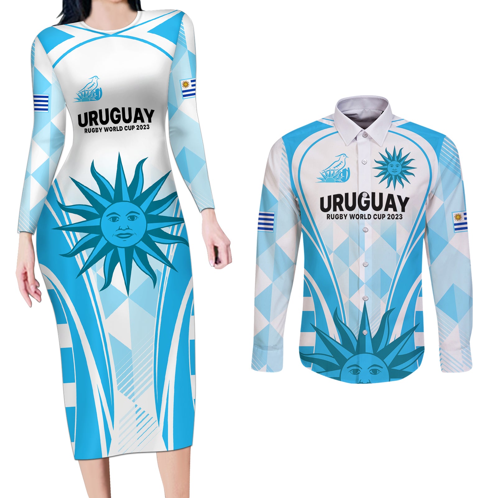 custom-uruguay-rugby-couples-matching-long-sleeve-bodycon-dress-and-long-sleeve-button-shirts-world-cup-2023-go-los-teros