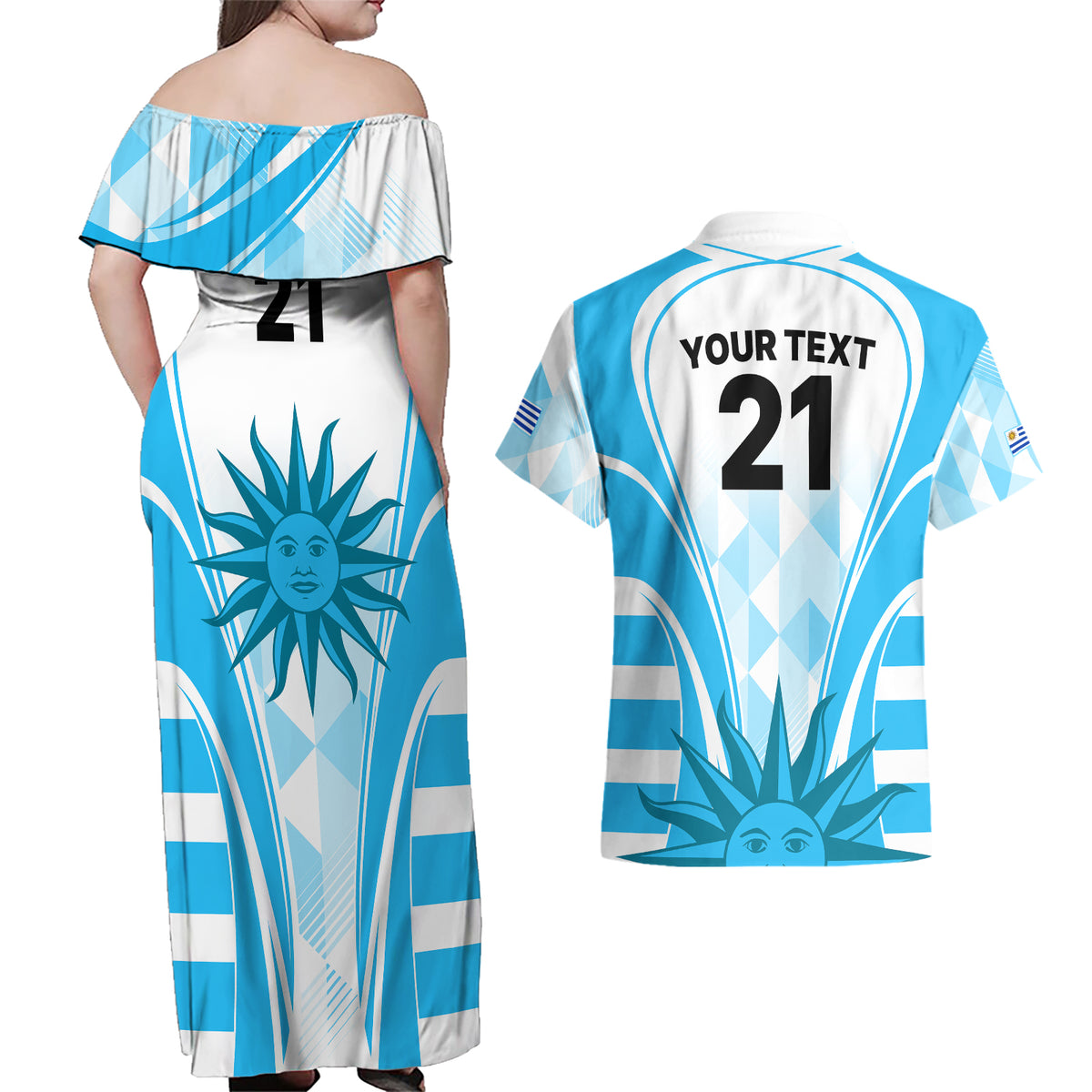 Custom Uruguay Rugby Couples Matching Off Shoulder Maxi Dress and Hawaiian Shirt World Cup 2023 Go Los Teros LT9 - Wonder Print Shop