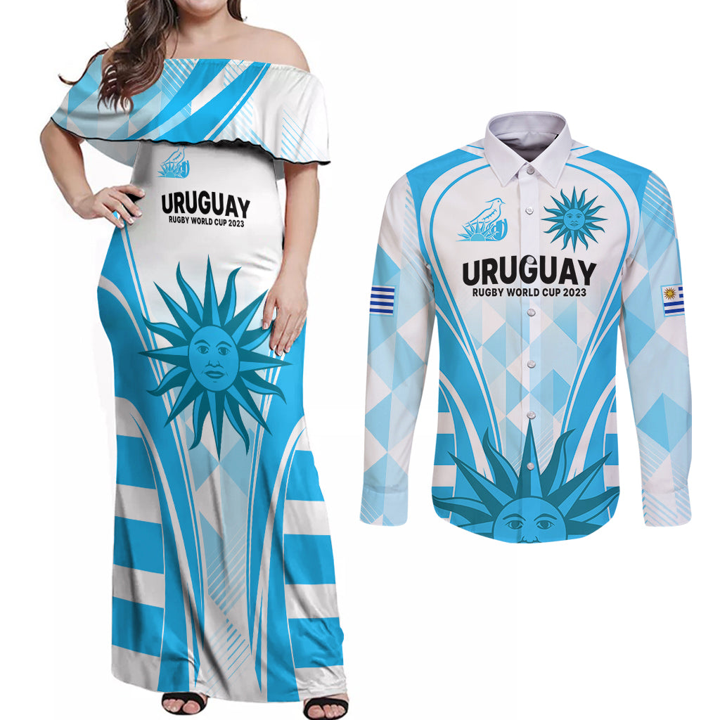 custom-uruguay-rugby-couples-matching-off-shoulder-maxi-dress-and-long-sleeve-button-shirts-world-cup-2023-go-los-teros