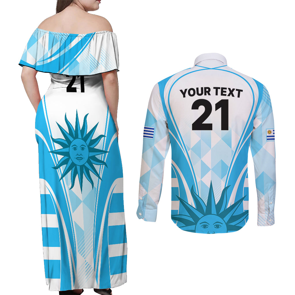 Custom Uruguay Rugby Couples Matching Off Shoulder Maxi Dress and Long Sleeve Button Shirts World Cup 2023 Go Los Teros LT9 - Wonder Print Shop