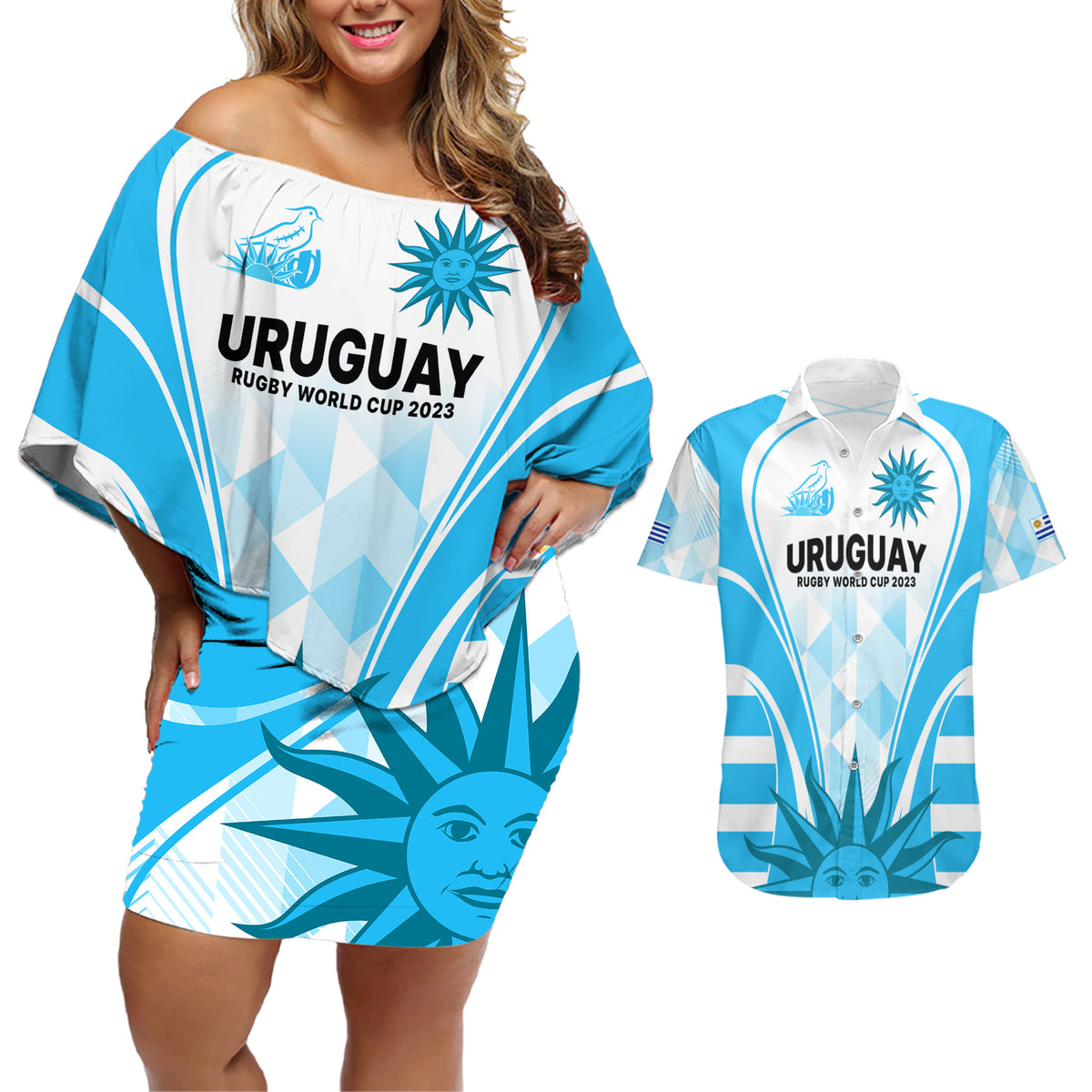 Custom Uruguay Rugby Couples Matching Off Shoulder Short Dress and Hawaiian Shirt World Cup 2023 Go Los Teros LT9 - Wonder Print Shop