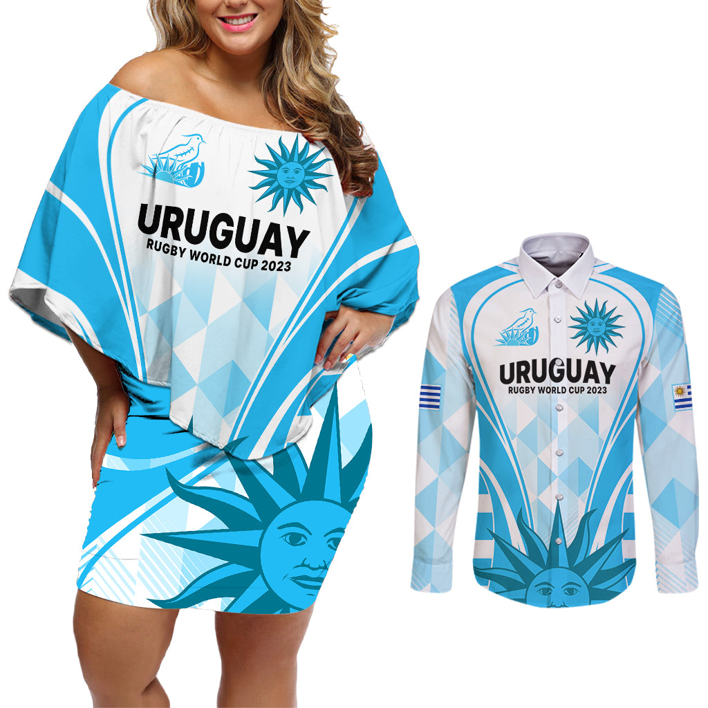 Custom Uruguay Rugby Couples Matching Off Shoulder Short Dress and Long Sleeve Button Shirts World Cup 2023 Go Los Teros LT9 - Wonder Print Shop