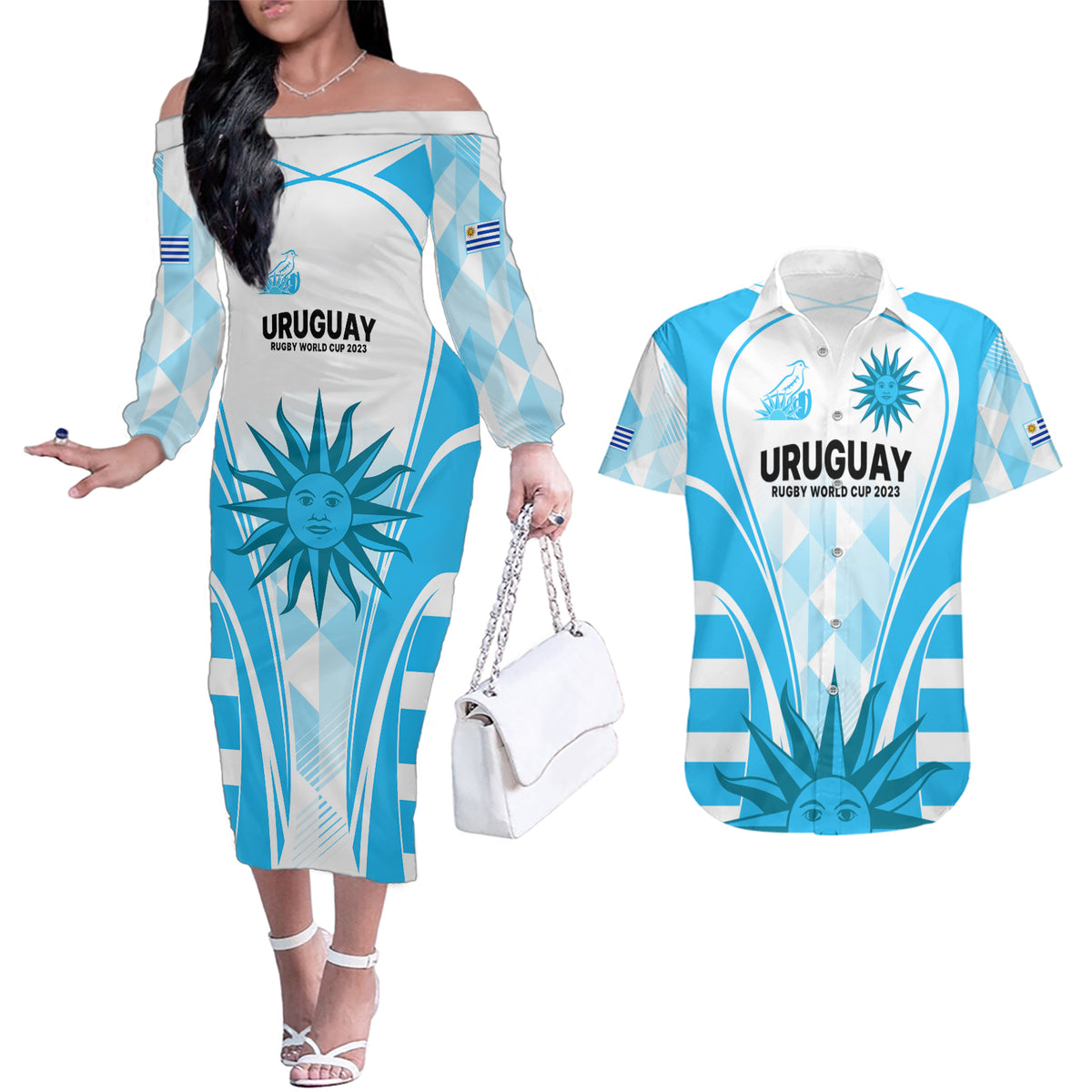 Custom Uruguay Rugby Couples Matching Off The Shoulder Long Sleeve Dress and Hawaiian Shirt World Cup 2023 Go Los Teros LT9 - Wonder Print Shop