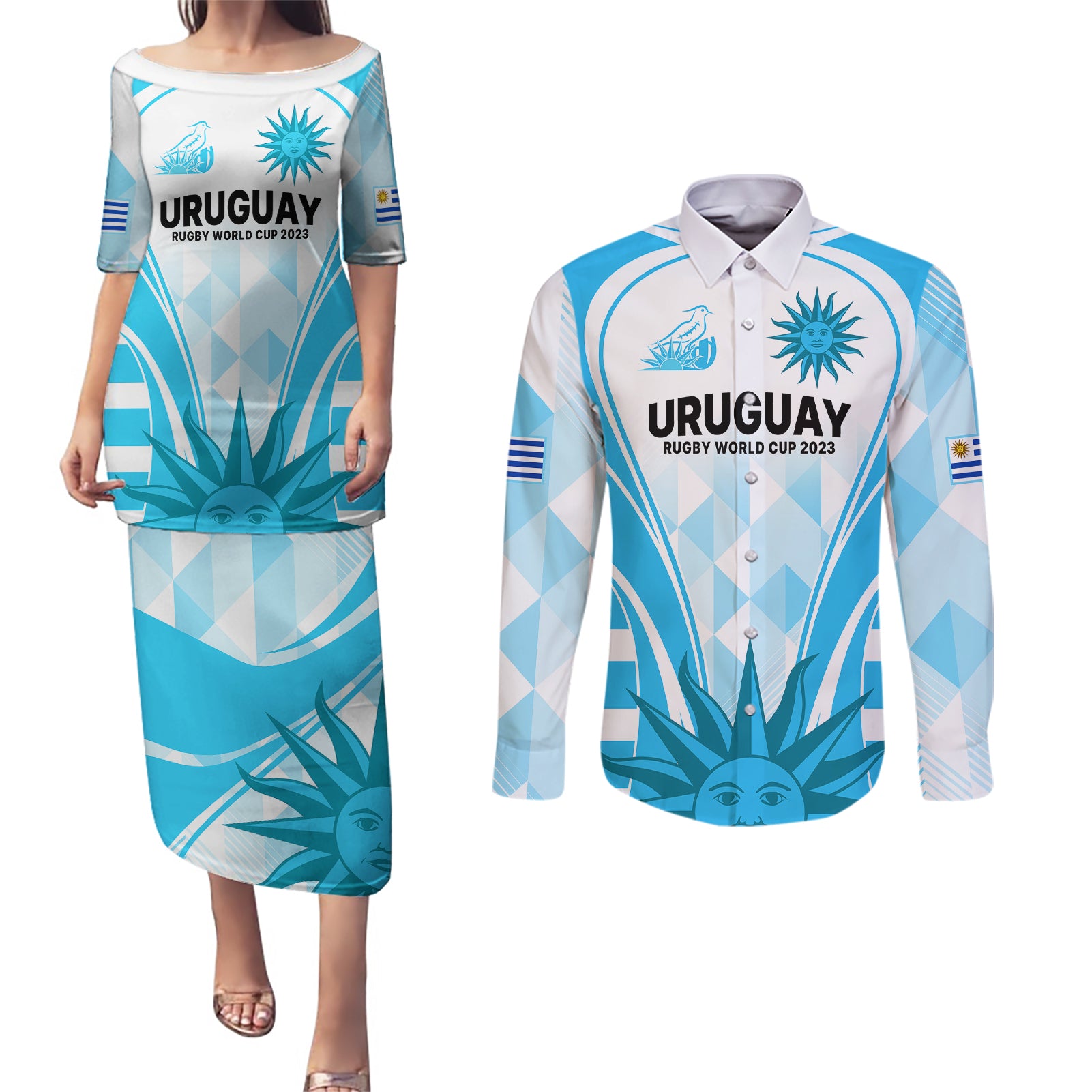 Custom Uruguay Rugby Couples Matching Puletasi Dress and Long Sleeve Button Shirts World Cup 2023 Go Los Teros LT9 - Wonder Print Shop