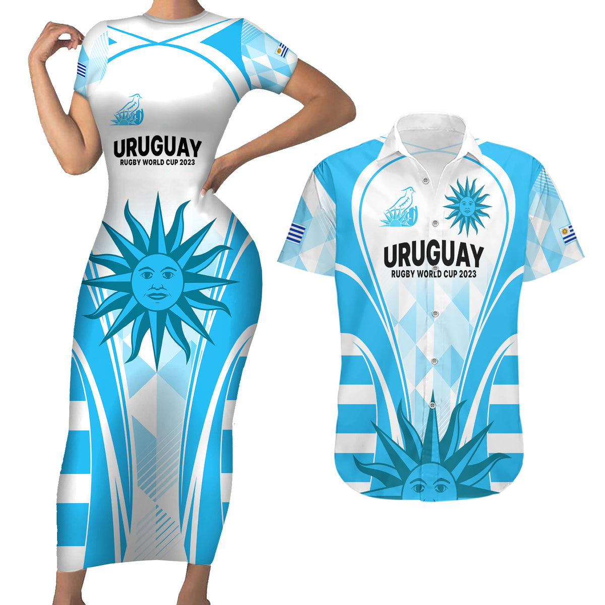 Custom Uruguay Rugby Couples Matching Short Sleeve Bodycon Dress and Hawaiian Shirt World Cup 2023 Go Los Teros LT9 - Wonder Print Shop