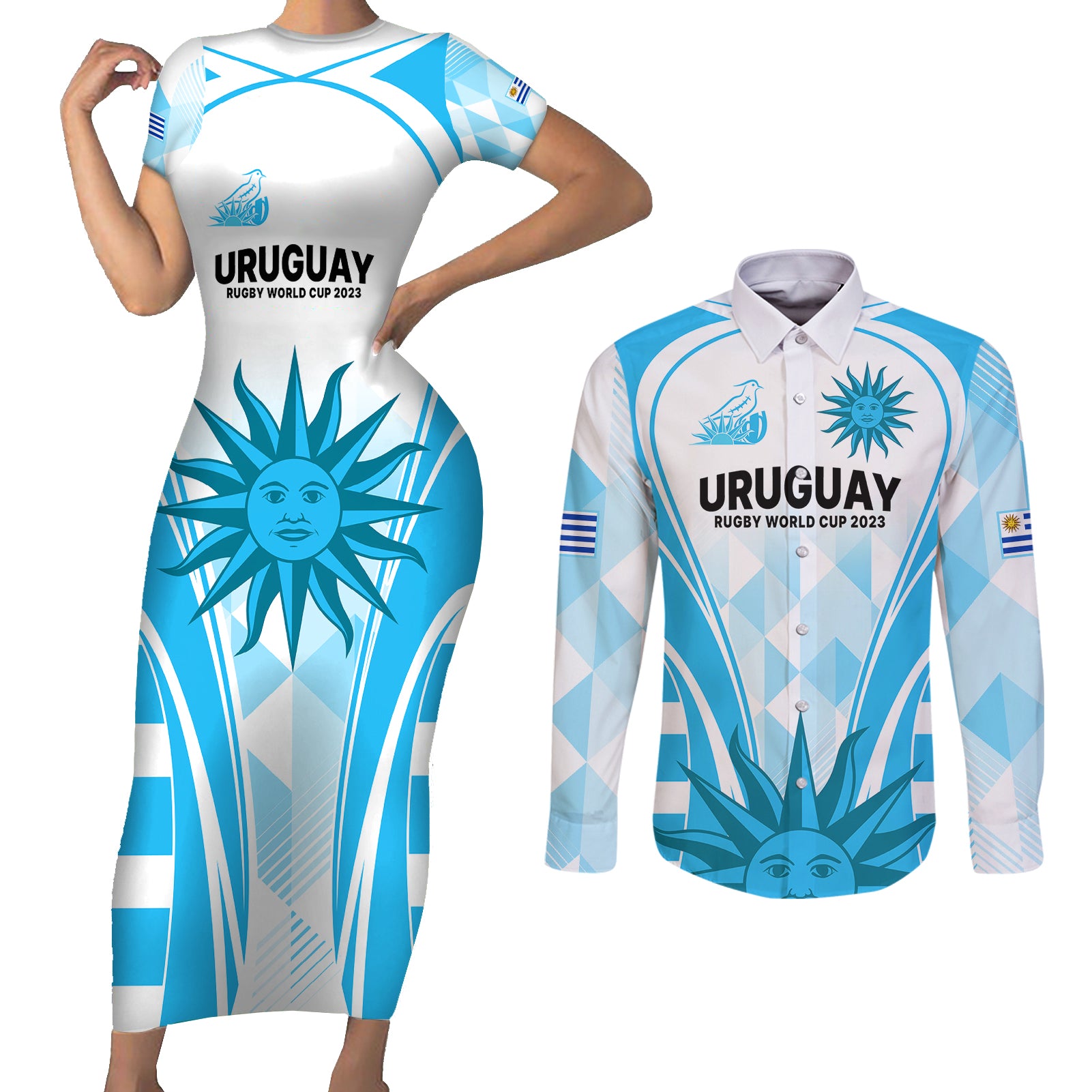 Custom Uruguay Rugby Couples Matching Short Sleeve Bodycon Dress and Long Sleeve Button Shirts World Cup 2023 Go Los Teros LT9 - Wonder Print Shop