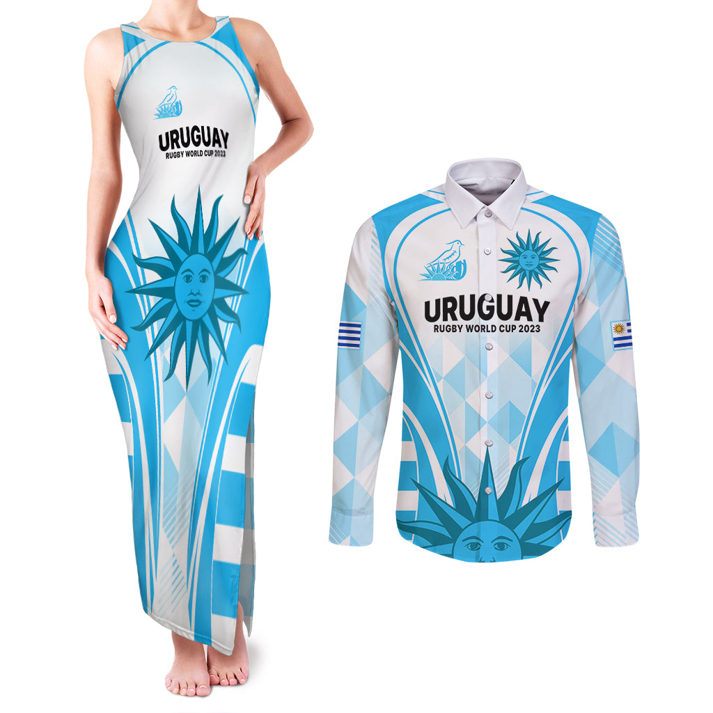 Custom Uruguay Rugby Couples Matching Tank Maxi Dress and Long Sleeve Button Shirts World Cup 2023 Go Los Teros LT9 - Wonder Print Shop