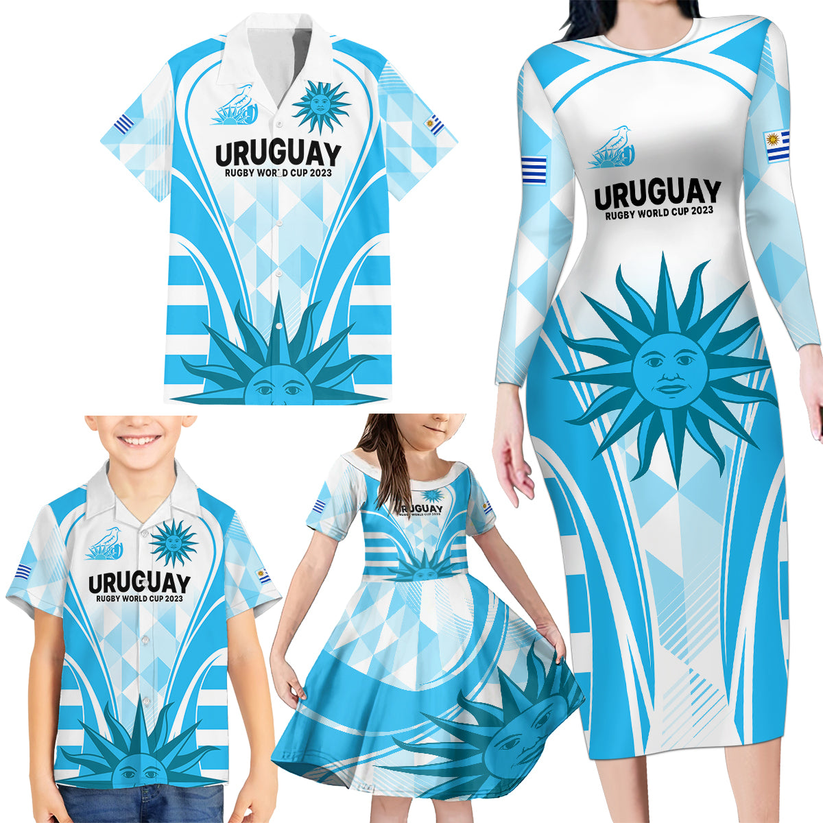 Custom Uruguay Rugby Family Matching Long Sleeve Bodycon Dress and Hawaiian Shirt World Cup 2023 Go Los Teros LT9 - Wonder Print Shop