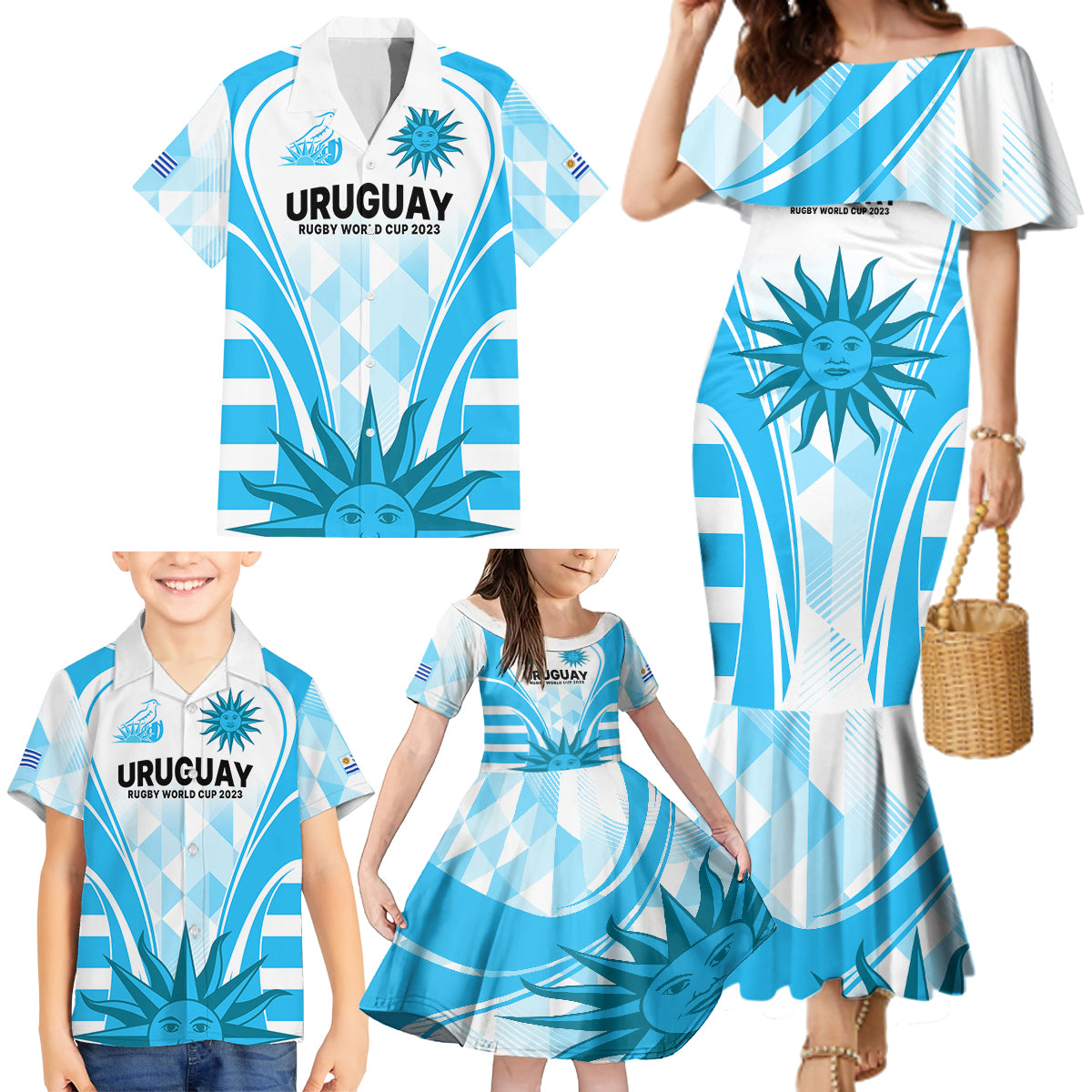 Custom Uruguay Rugby Family Matching Mermaid Dress and Hawaiian Shirt World Cup 2023 Go Los Teros LT9 - Wonder Print Shop