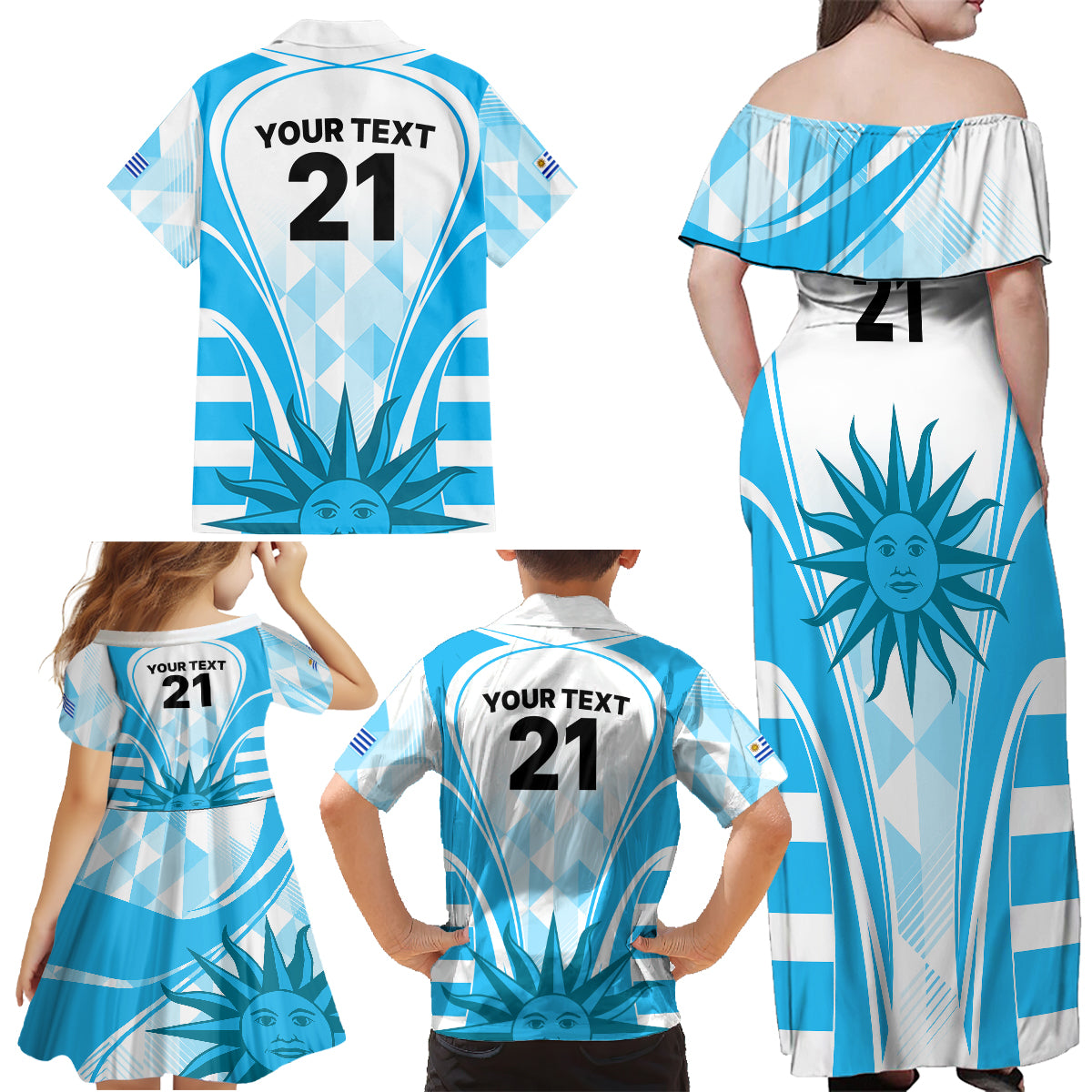 Custom Uruguay Rugby Family Matching Off Shoulder Long Sleeve Dress and Hawaiian Shirt World Cup 2023 Go Los Teros - Wonder Print Shop