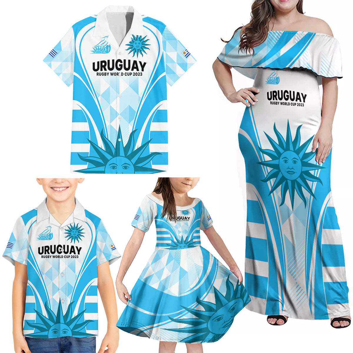 Custom Uruguay Rugby Family Matching Off Shoulder Maxi Dress and Hawaiian Shirt World Cup 2023 Go Los Teros LT9 - Wonder Print Shop