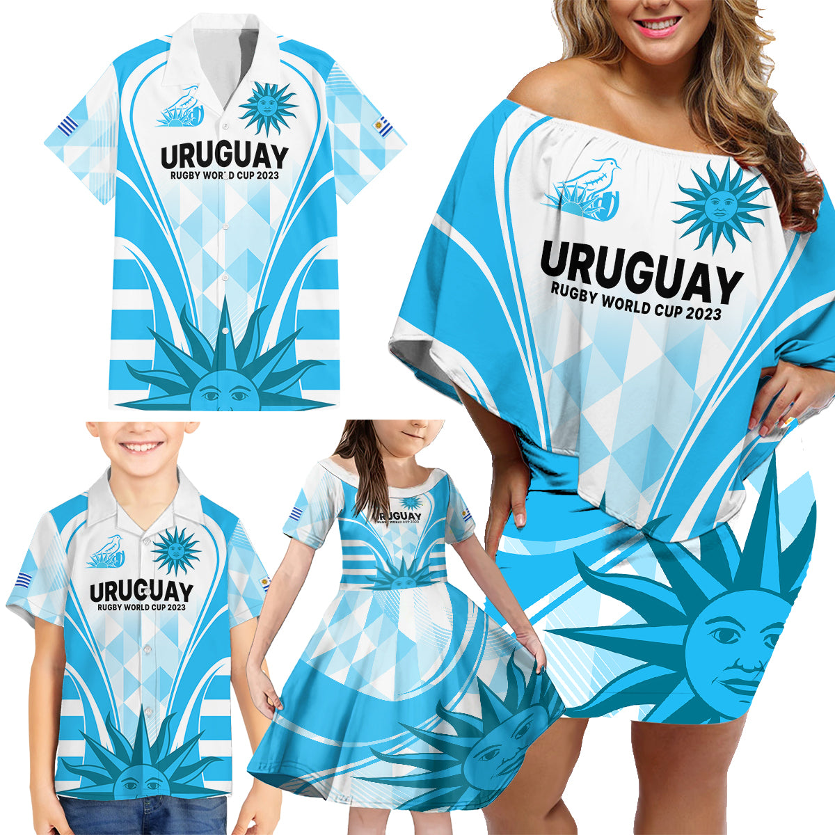Custom Uruguay Rugby Family Matching Off Shoulder Short Dress and Hawaiian Shirt World Cup 2023 Go Los Teros LT9 - Wonder Print Shop