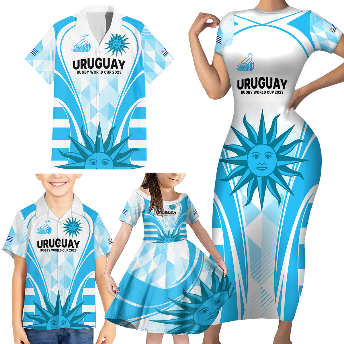 Custom Uruguay Rugby Family Matching Short Sleeve Bodycon Dress and Hawaiian Shirt World Cup 2023 Go Los Teros - Wonder Print Shop