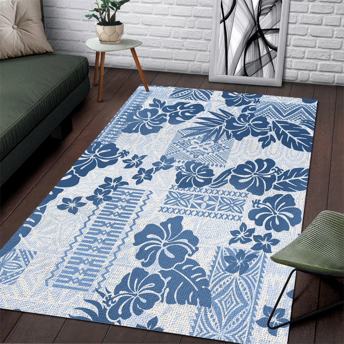 Vintage Hawaii Area Rug Hibiscus Tapa Tribal With Hawaiian Quilt Pattern Blue LT9 - Wonder Print Shop