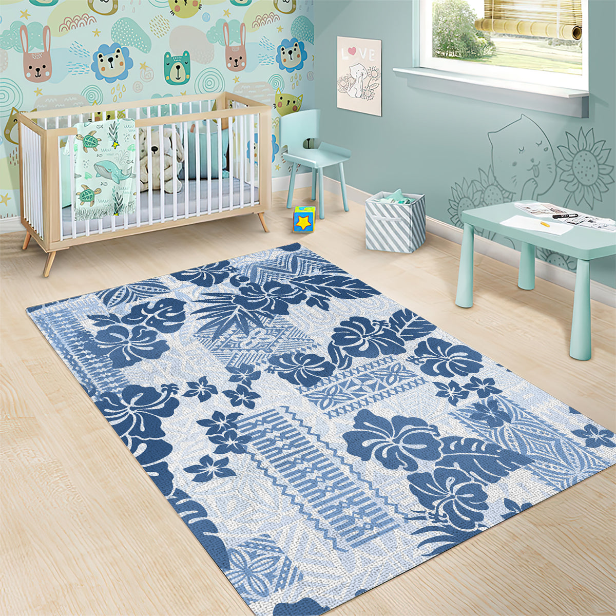 Vintage Hawaii Area Rug Hibiscus Tapa Tribal With Hawaiian Quilt Pattern Blue LT9 - Wonder Print Shop