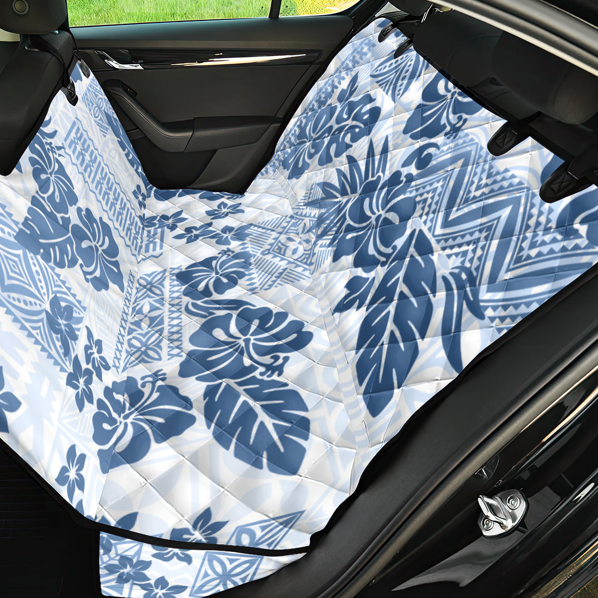 Vintage Hawaii Back Car Seat Cover Hibiscus Tapa Tribal With Hawaiian Quilt Pattern Blue LT9 - Wonder Print Shop