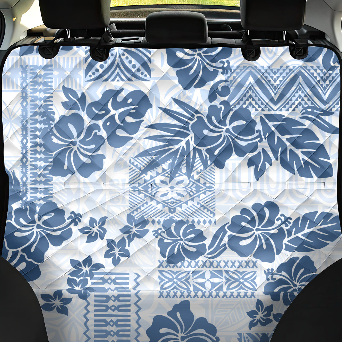Vintage Hawaii Back Car Seat Cover Hibiscus Tapa Tribal With Hawaiian Quilt Pattern Blue LT9 - Wonder Print Shop