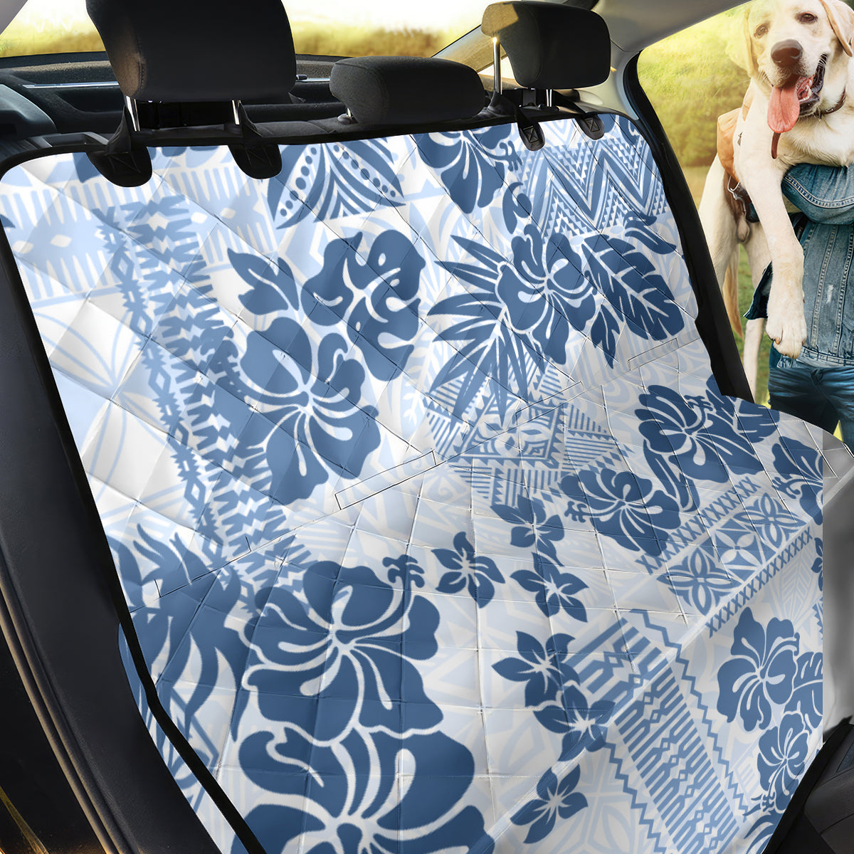 Vintage Hawaii Back Car Seat Cover Hibiscus Tapa Tribal With Hawaiian Quilt Pattern Blue LT9 - Wonder Print Shop