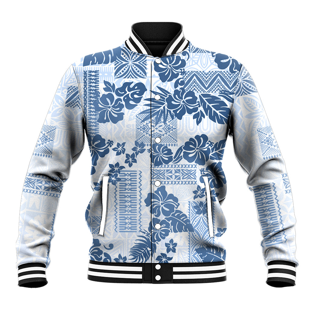 Vintage Hawaii Baseball Jacket Hibiscus Tapa Tribal With Hawaiian Quilt Pattern Blue LT9 - Wonder Print Shop